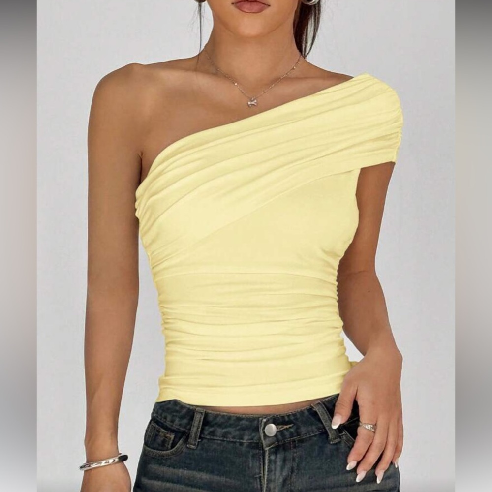 One-Shoulder Ruched Tank Top in Pastel Yellow